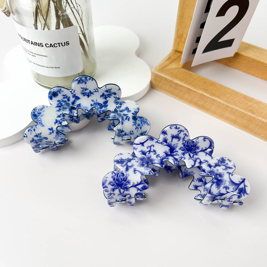 Blue/ White Wave Flower Hair Caw Clip