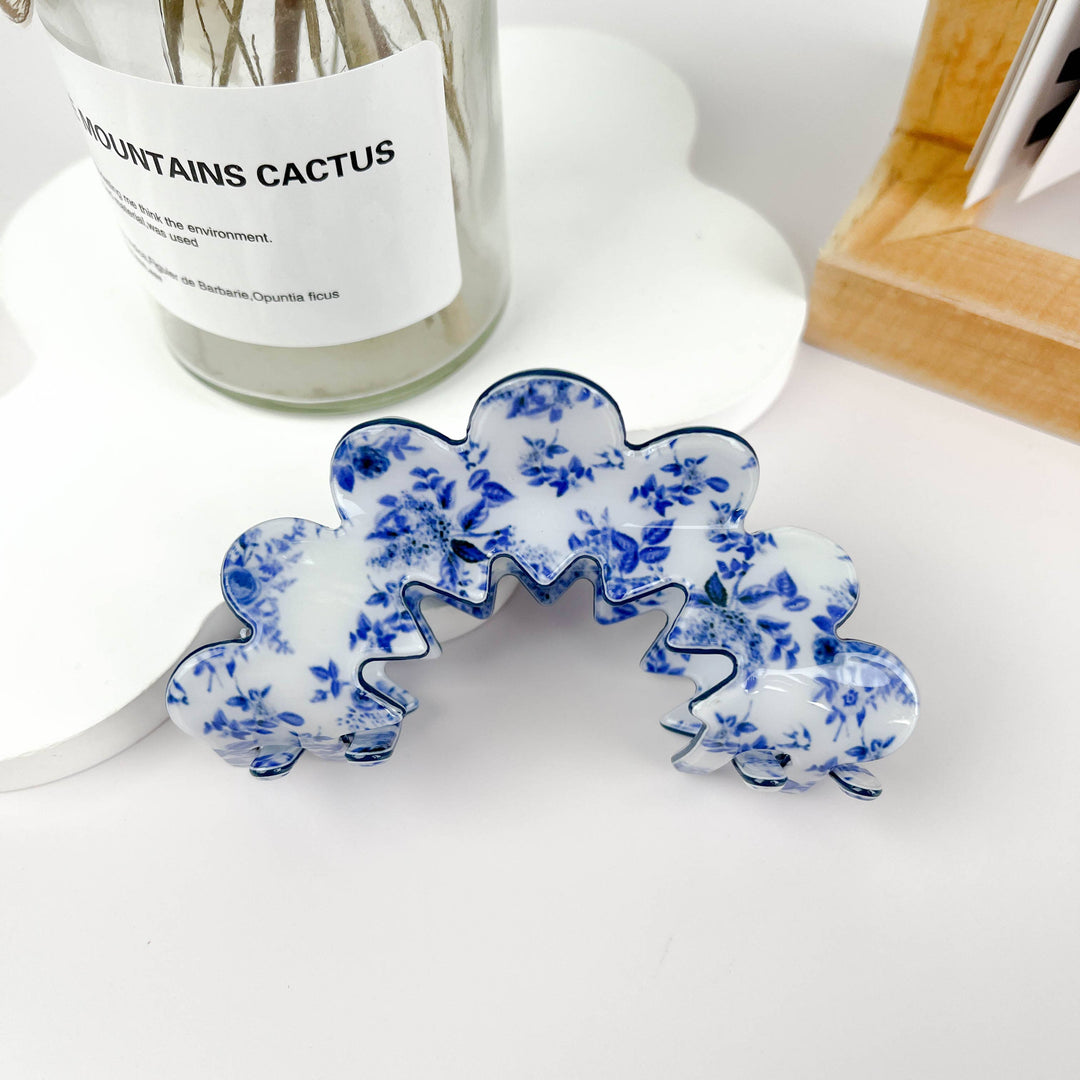 Blue/ White Wave Flower Hair Caw Clip