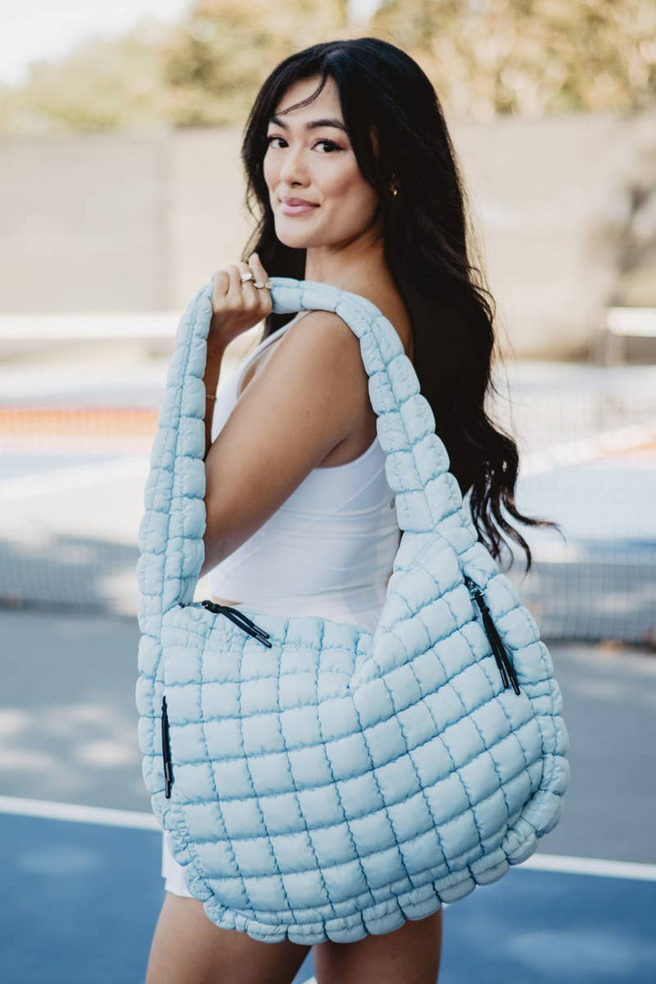 Light Blue Oversized Quilted Puffer Tote Bag: Light Blue