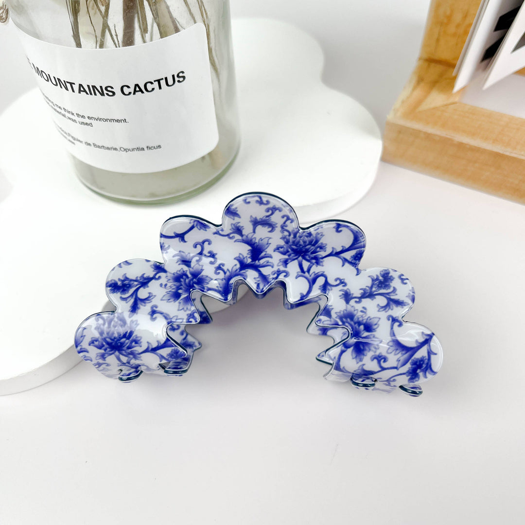 Blue/ White Wave Flower Hair Caw Clip