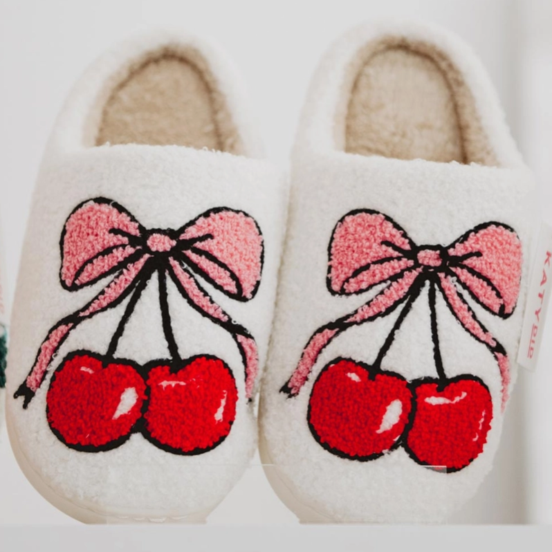 Cherry Bow Fuzzy Slippers For Women