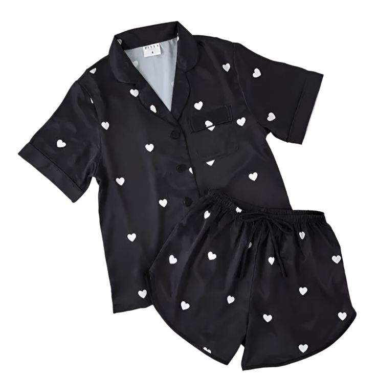 Black Heart Two-Piece Satin Pajama Set