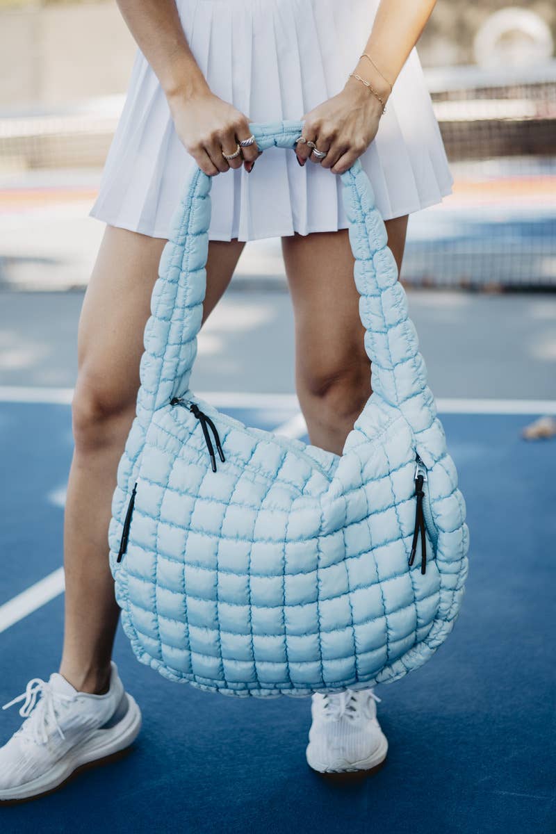 Light Blue Oversized Quilted Puffer Tote Bag: Light Blue