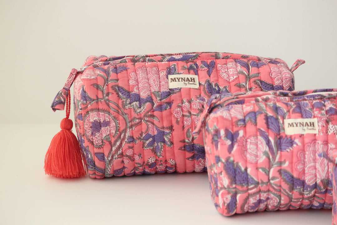 Large Hot Coral Floral Cosmetic Bag