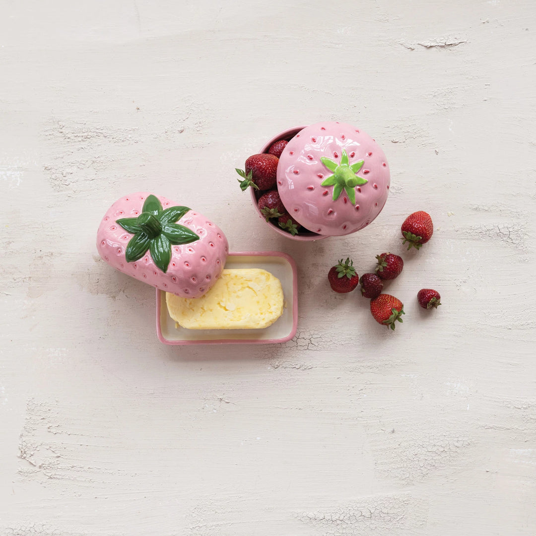 Hand-Painted Ceramic Strawberry Shaped Jar with Lid