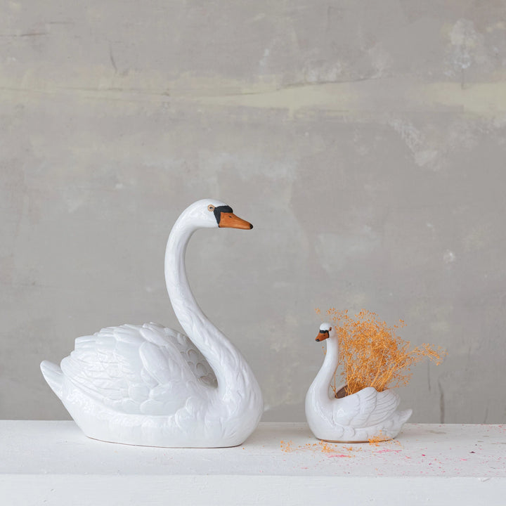 Stoneware Swan Planter, White, Orange Color & Black