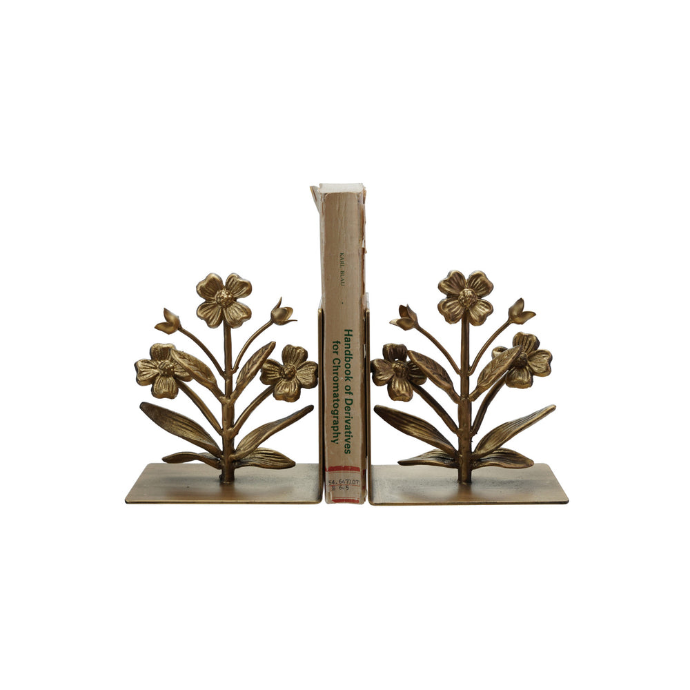 Cast Iron Flower Shaped Bookends, Gold Finish, Set of 2