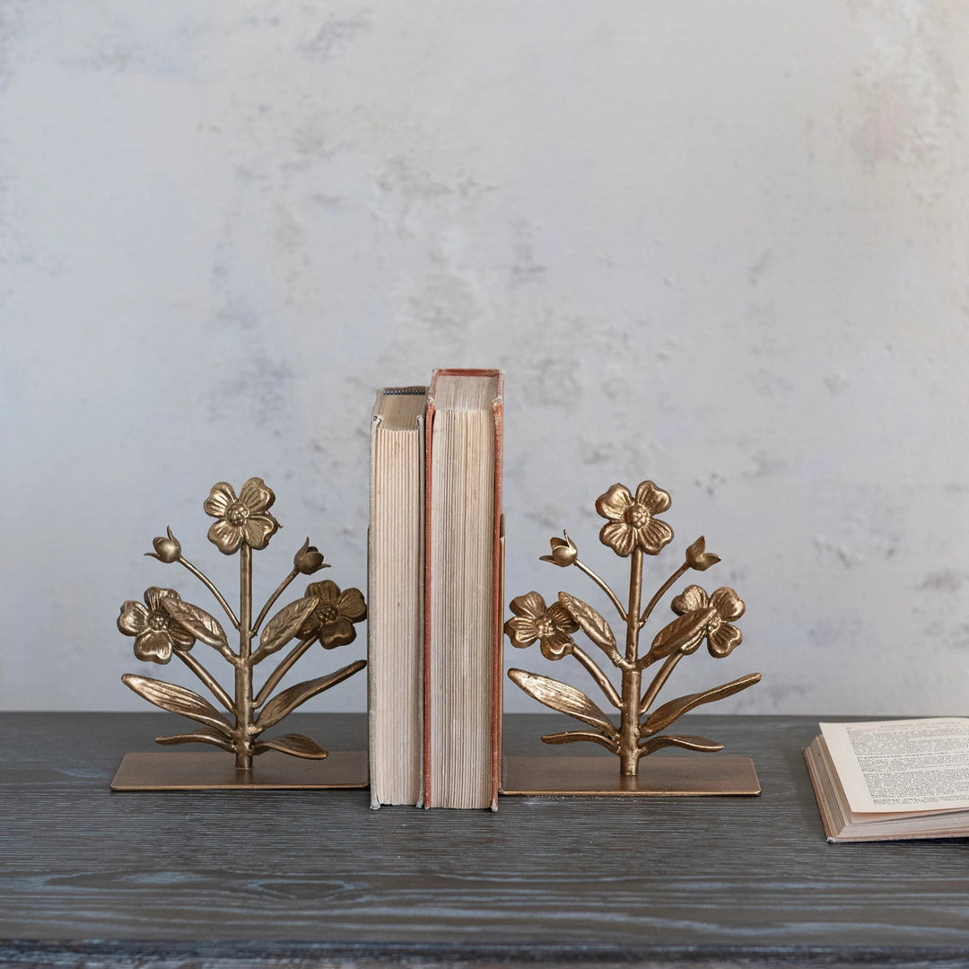 Cast Iron Flower Shaped Bookends, Gold Finish, Set of 2