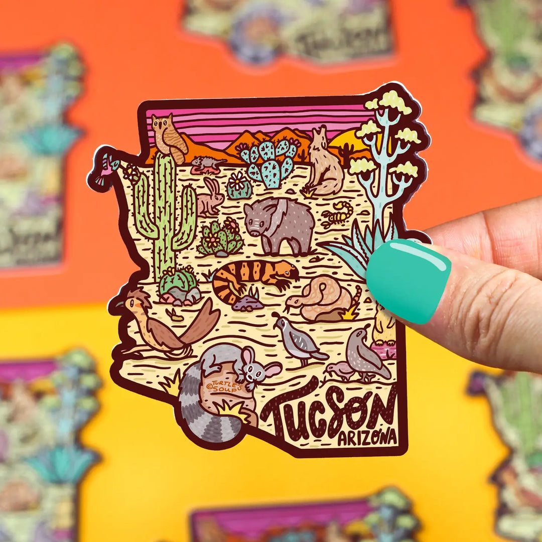 Tucson Arizona State Illustrated Wildlife Map Vinyl Sticker